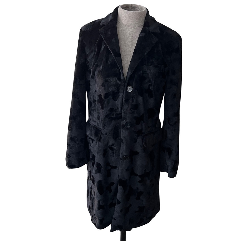 Vintage 90s Y2K Textured Black Faux Fur Long Blazer Coat Size Small
